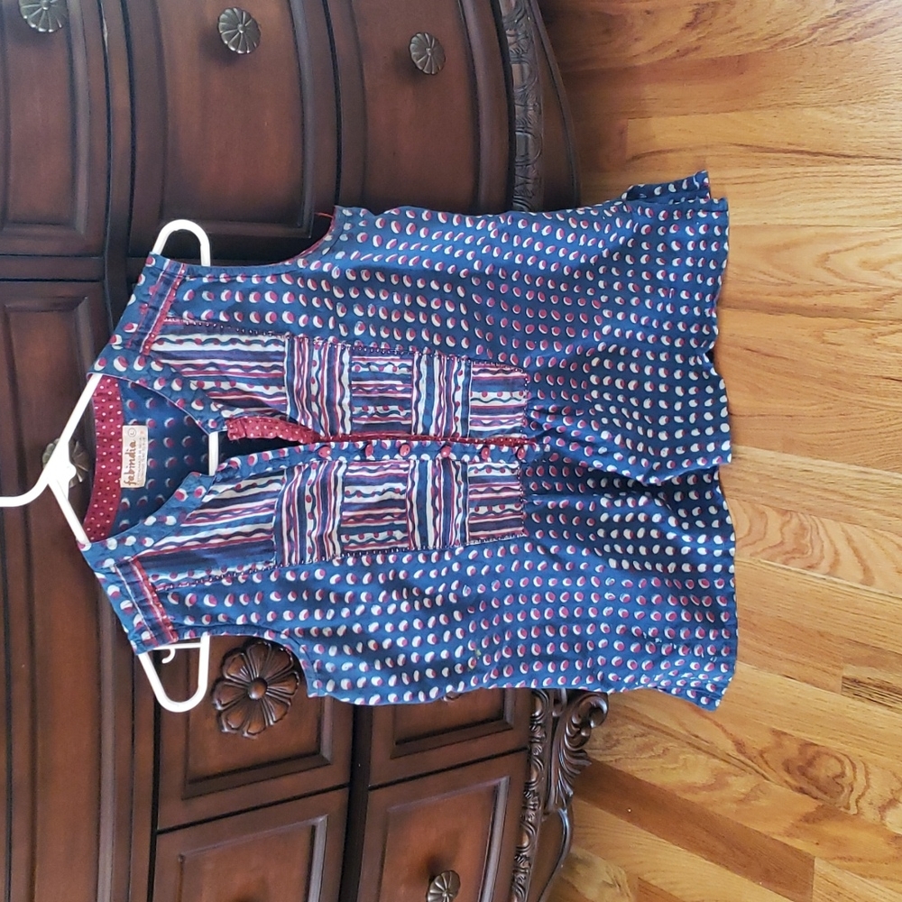 fabindia Blue Printed Sleeveless Cotton Camisole with Pink Accents